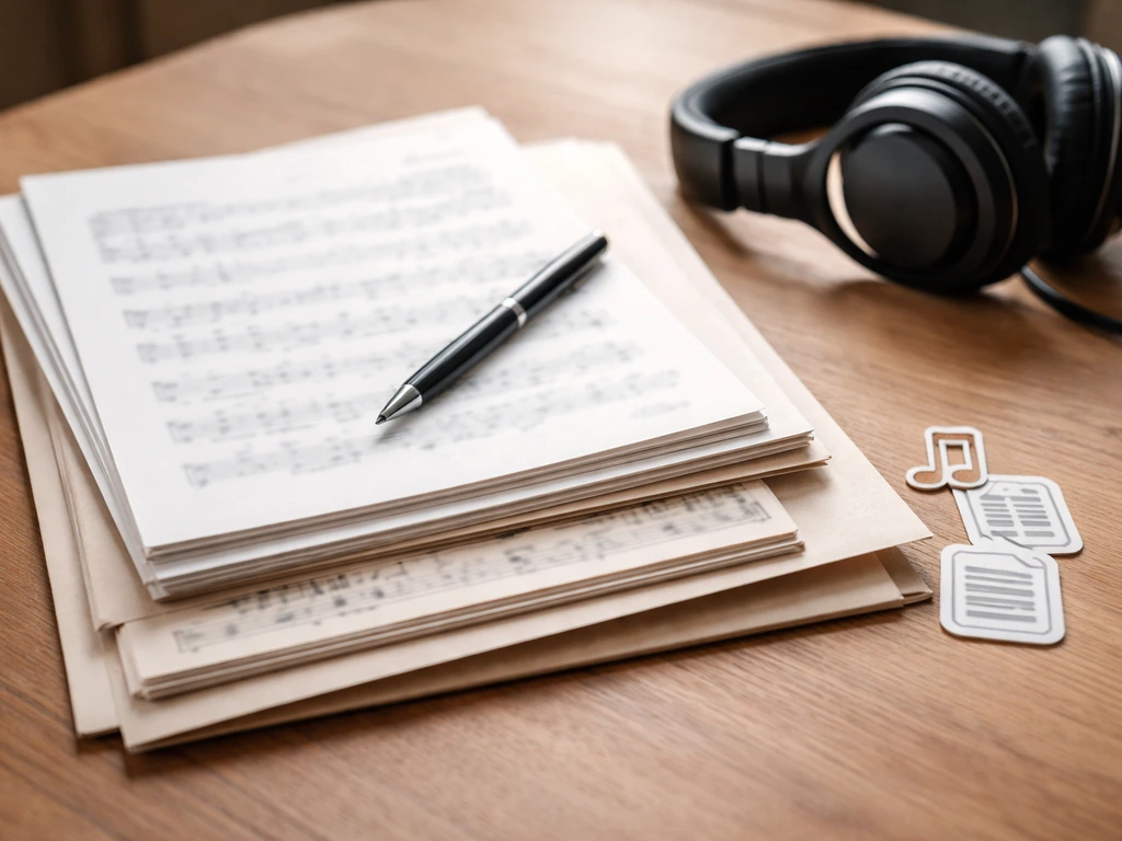 Close-up of stacked music sheets and blank royalty statement folder beside studio headphones on a desk.