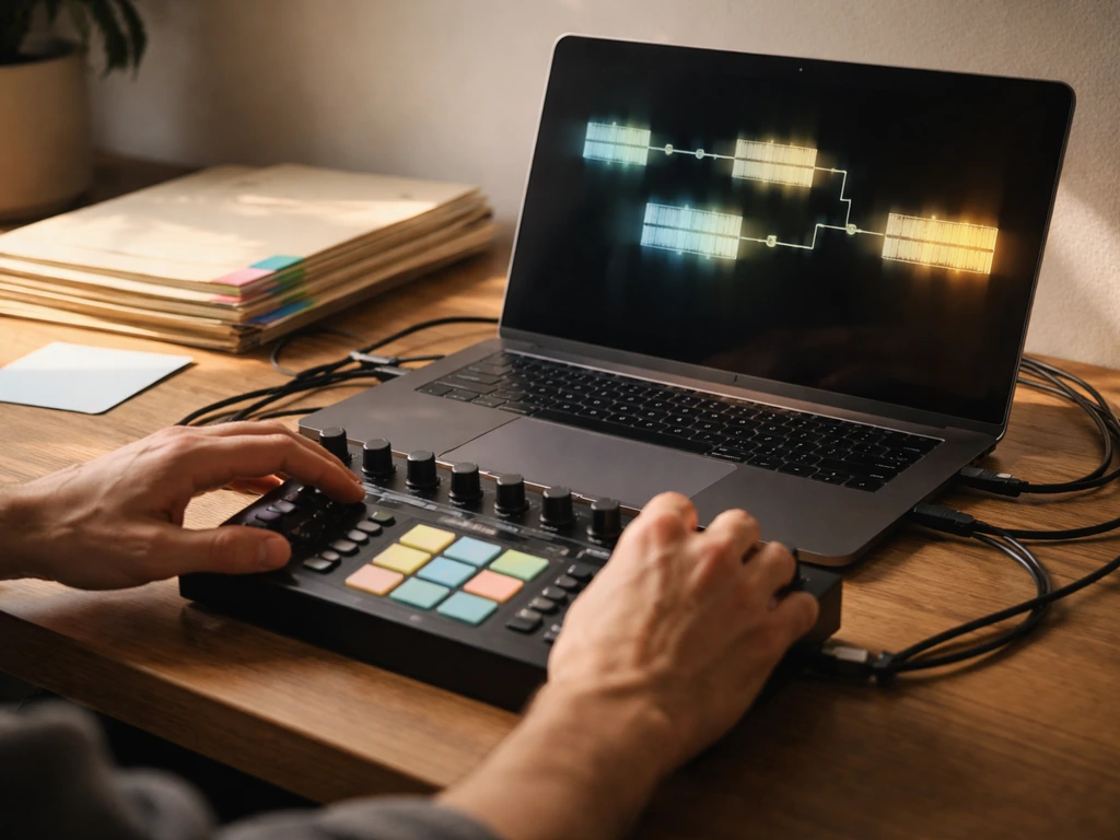 Producer’s workspace with audio sampler waveform-like blocks and paperwork suggesting sample licensing workflow.