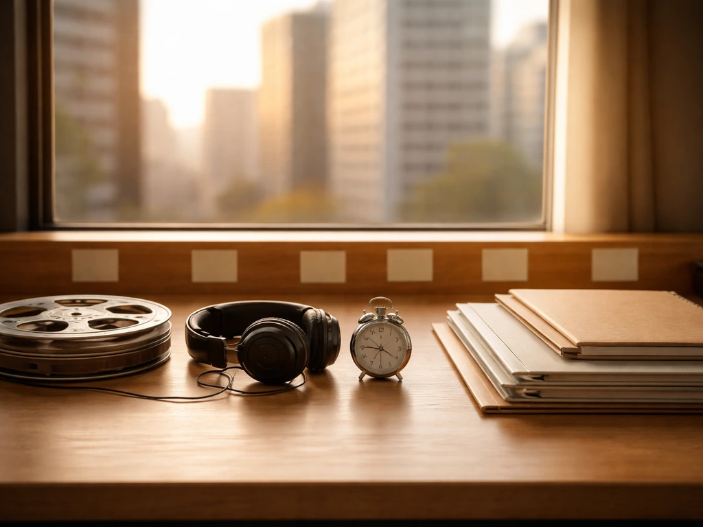 Minimal office desk with film reel and business items arranged to imply a decade-spanning career timeline.