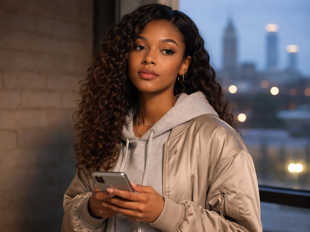 Anonymous woman in stylish streetwear holding a phone at dusk in front of a simple Atlanta skyline view