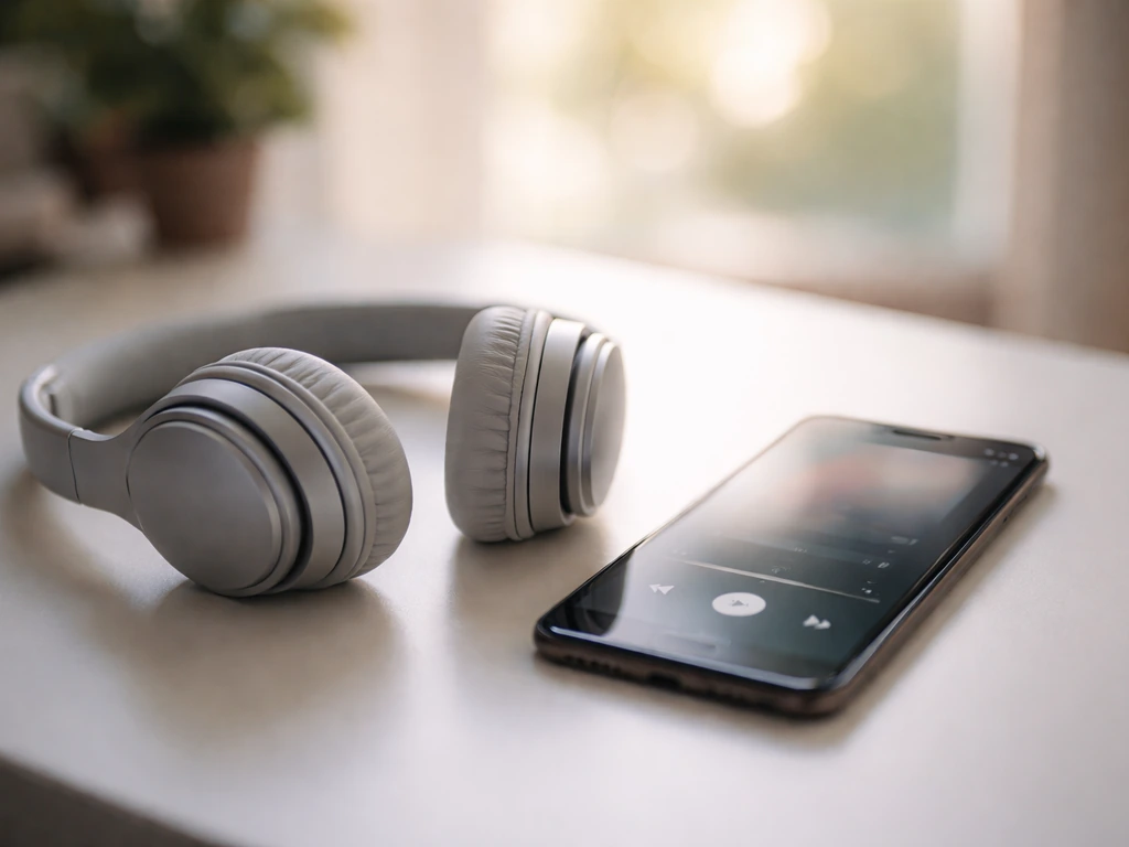 Headphones on a desk next to a smartphone with an unreadable music streaming screen, natural light.