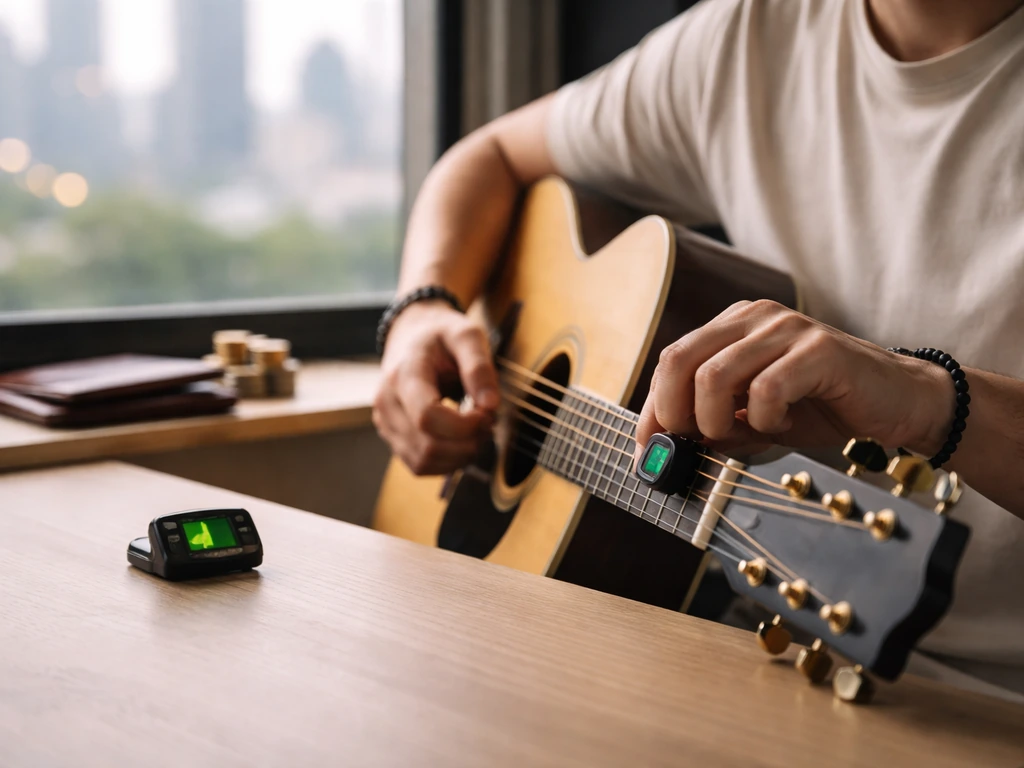 Anonieme gitarist bij een studio-werkplek met waardevolle sfeer en geldsymboliek op de achtergrond