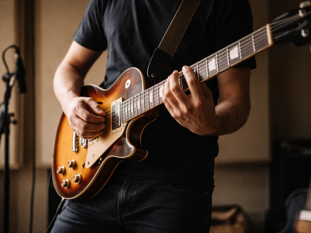 Anonymous guitarist in a recording studio holding an electric guitar near a microphone, minimal background.