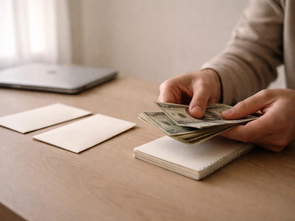 Minimal photo of an anonymous analyst at a desk with cash and a dim laptop, symbolizing net-worth estimates range.