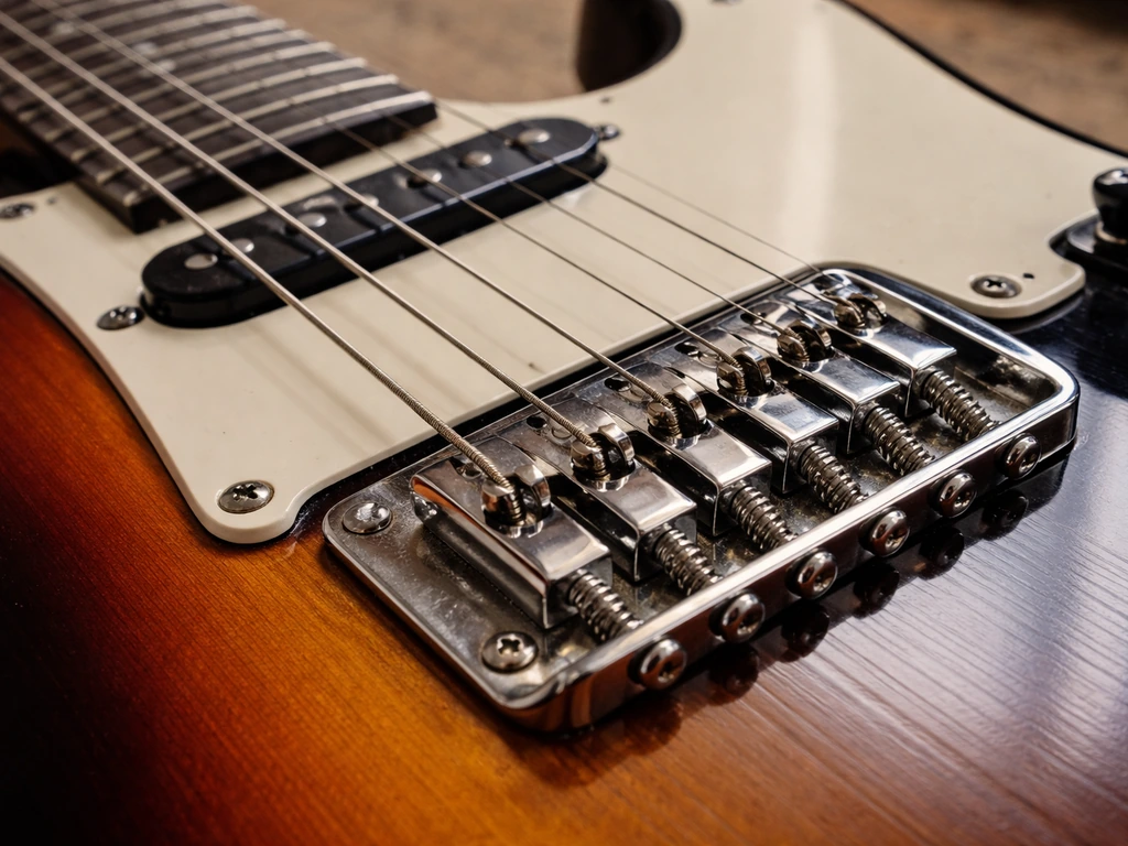 Close-up of an electric guitar’s bridge and saddle area, showing compensated tuning details.