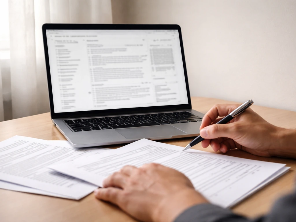 Persoon kijkt op laptop naar openbare patentvermeldingen, met documenten en pen op bureau—checken van bronverificatie