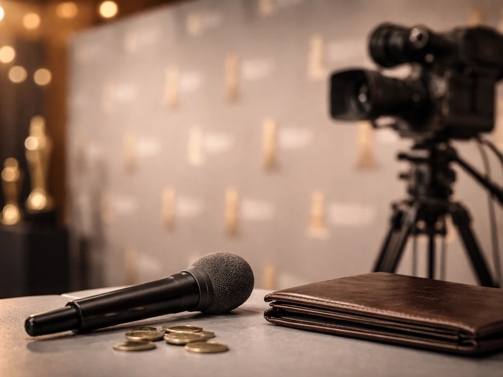 Close-up of event filmmaking gear and a microphone on a table with a blurred press backdrop