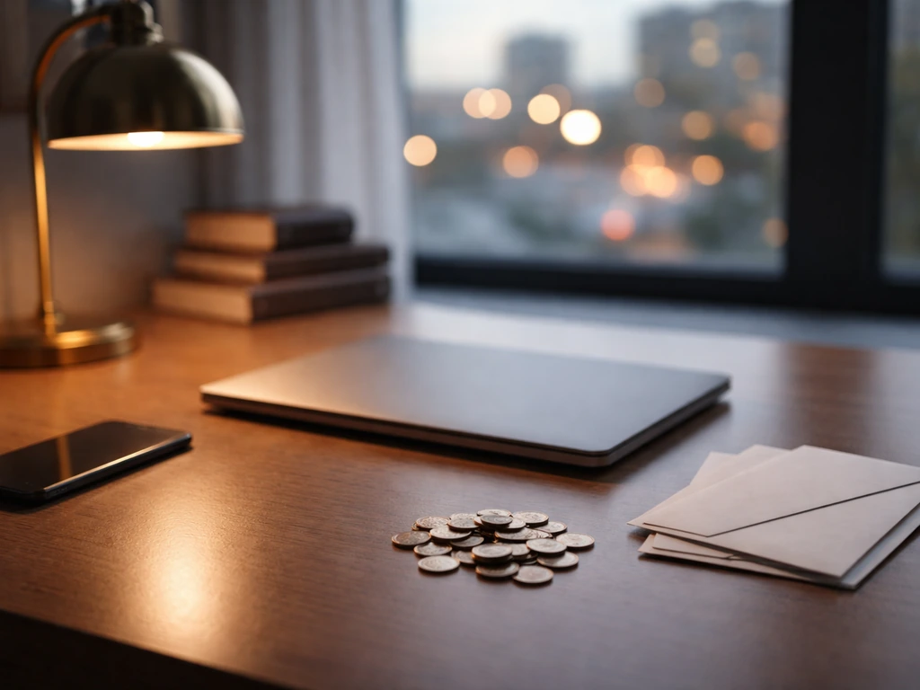 Minimal desk scene with coins and film canisters under natural light, symbolizing a net-worth range.