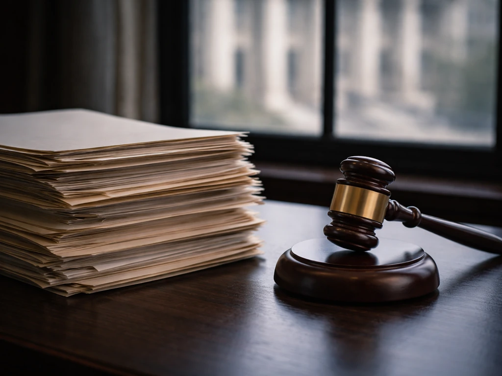 Wooden gavel and blank court paperwork on a dark desk with a courthouse view in the background.