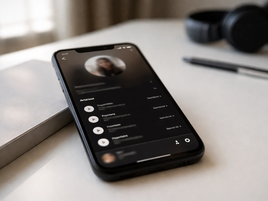 Smartphone on a desk showing a music streaming app with song list and stream indicators, no readable text.