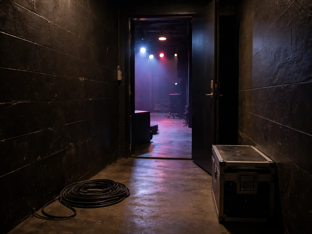 Empty concert backstage with a tour case and cables, faint stage lights suggesting venue size scaling.