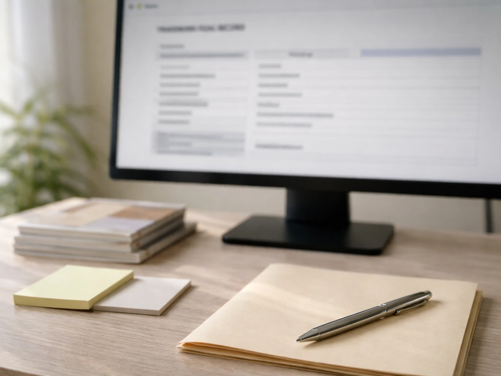Close-up of a desk with a computer showing a blurred trademark filing page and unbranded merchandise mockups.