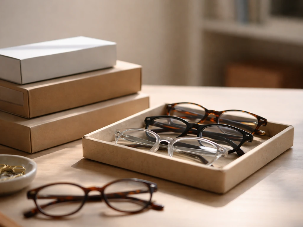 Reading glasses and minimal branded packaging on a tidy desk in a bright studio setting