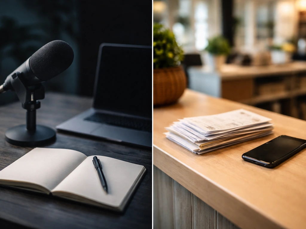 Split photo showing an investor podcast desk and a small business counter with financial paper items.