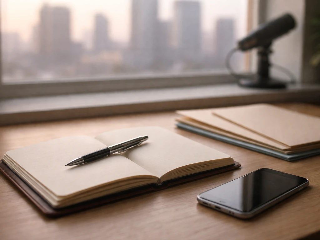 Minimal desk scene with pen and notebook beside a muted phone, symbolizing business milestones and filings.