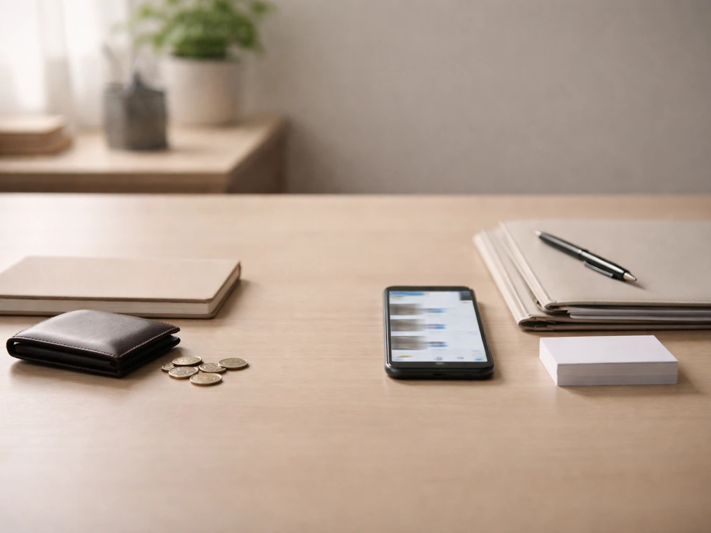 Minimal desk scene showing personal finance items on one side and company-business items on the other.
