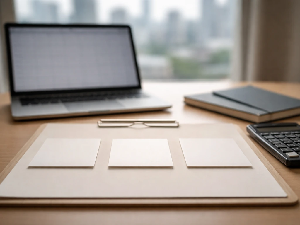 Minimal desk scene with calculator and blank valuation papers under natural light, baseline card emphasized.