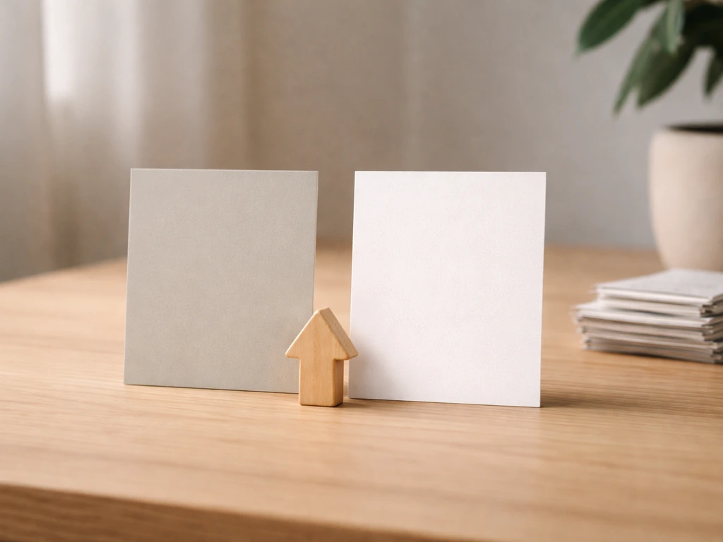 Minimal desk scene with two small business cards side-by-side suggesting before/after growth