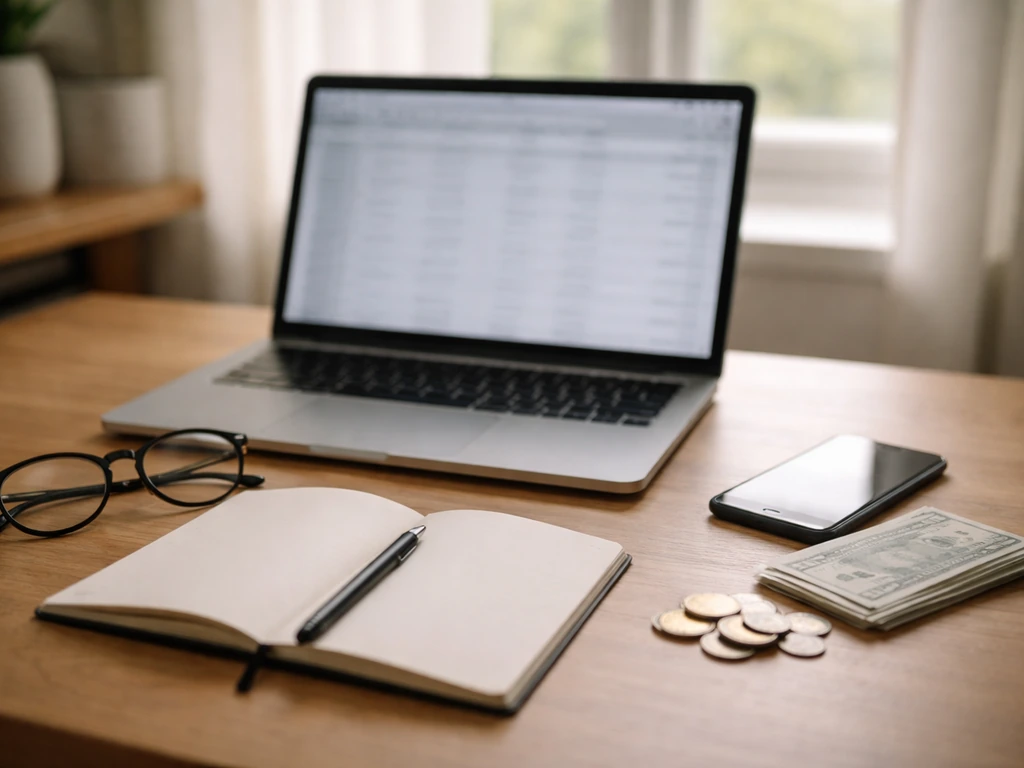 Minimal desk scene with laptop and blank notebook, symbolizing weighing online financial claims