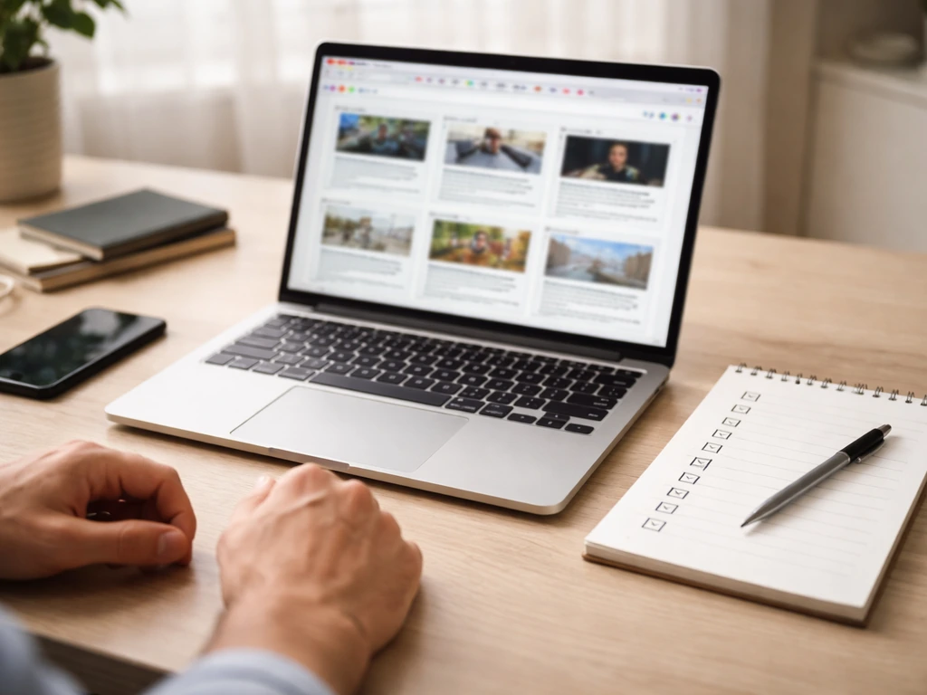 Minimal desk scene with an open laptop showing bookmarked-looking media sites and a checklist pad for verifying info