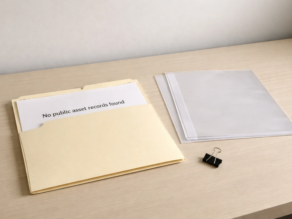 A neutral desk scene with an open folder and empty documents, conveying missing public asset records.