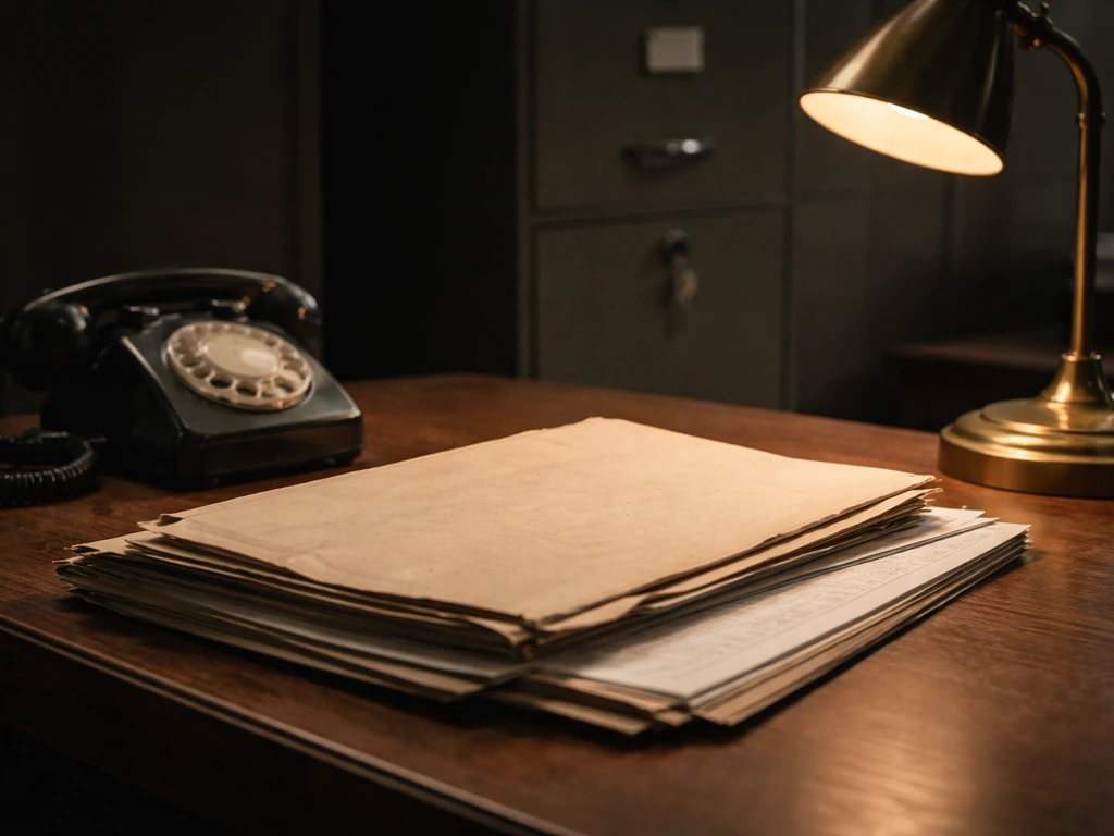 Legal paperwork and a file folder on a desk with an archive cabinet, suggesting estate investigation.