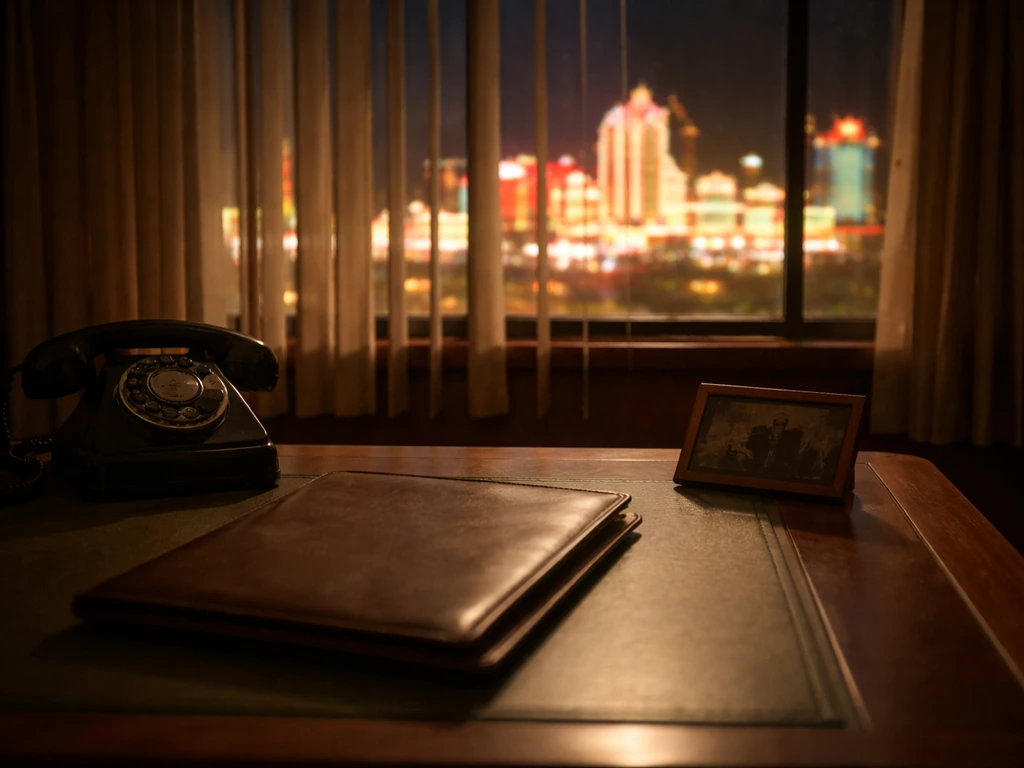 Vintage casino office desk with warm light and a turned-down family photo, symbolizing the specific Bonnie Binion query.