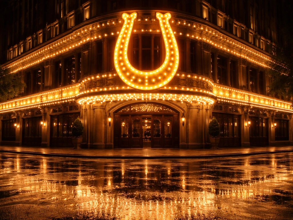 Warm-lit casino exterior at night with neon glow and reflections, suggesting the Horseshoe legacy.