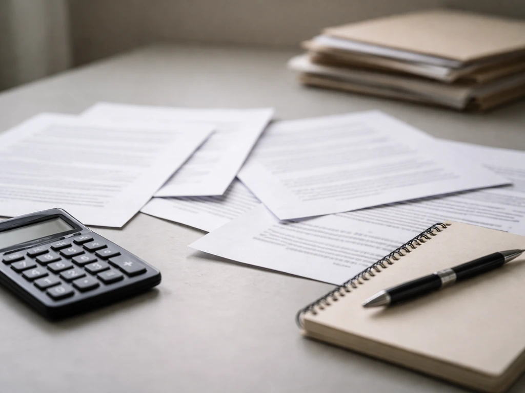Close-up of a desk with documents, a calculator, and a notebook under warm natural light