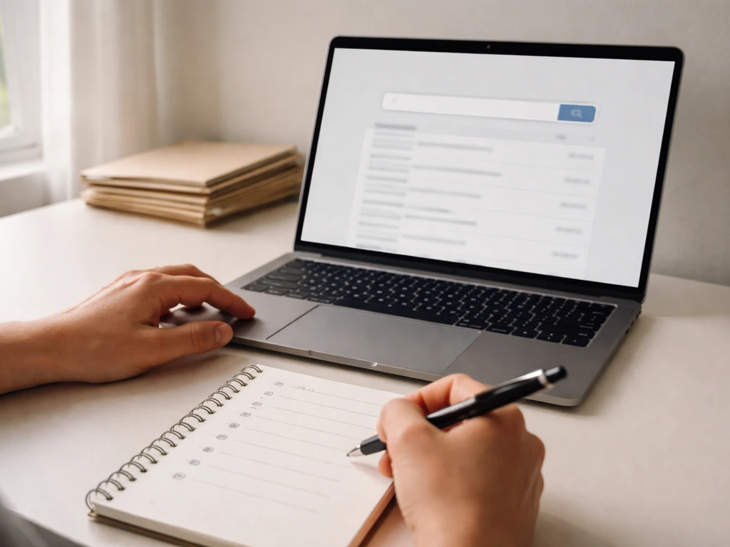 Person reviewing a checklist beside a laptop showing a probate court search page, outdoors natural light
