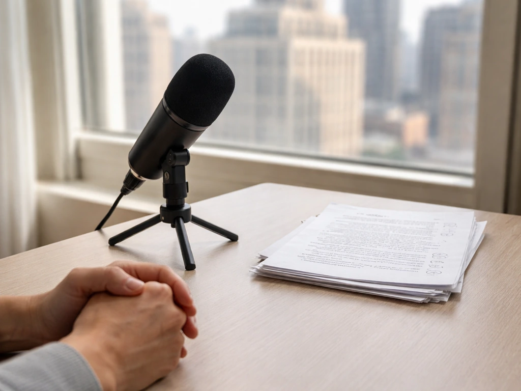 Minimal desk scene with a microphone and scattered finance notes, symbolizing unreliable published estimates.
