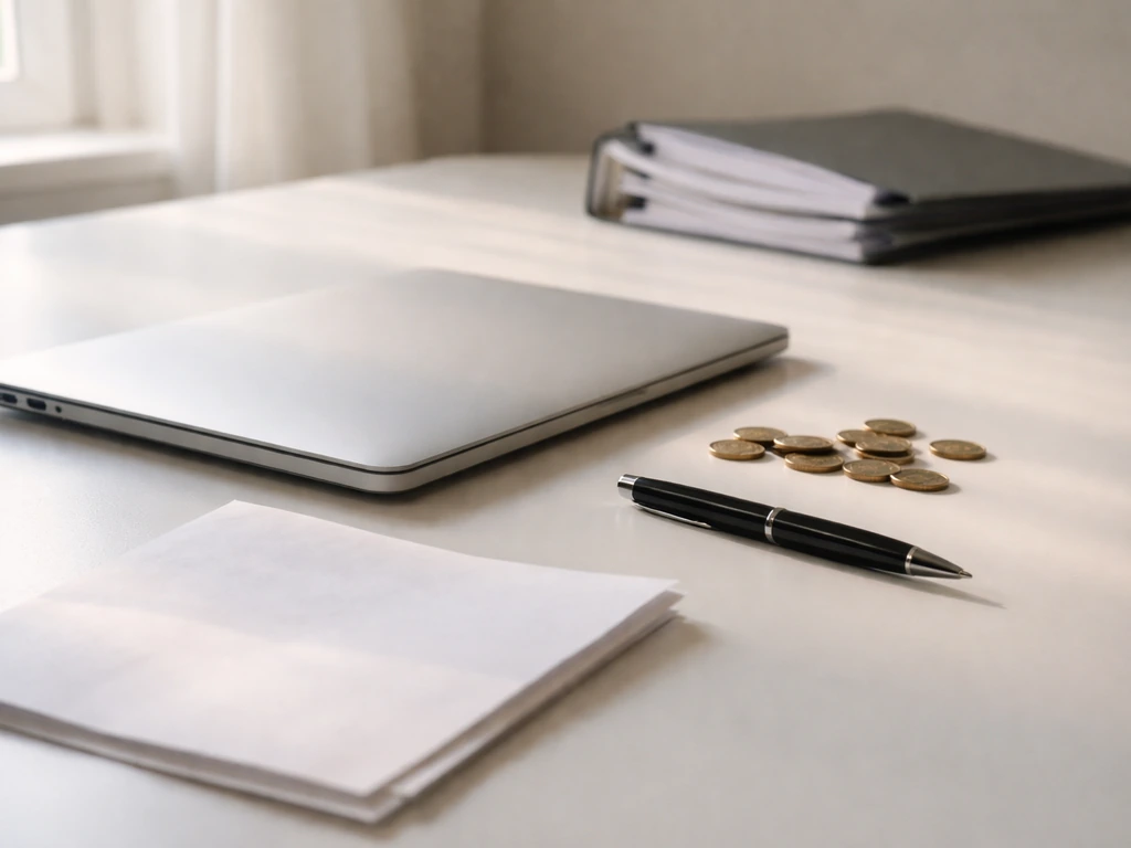 Minimal desk scene with laptop, coins, and blank paper suggesting varying net-worth estimates
