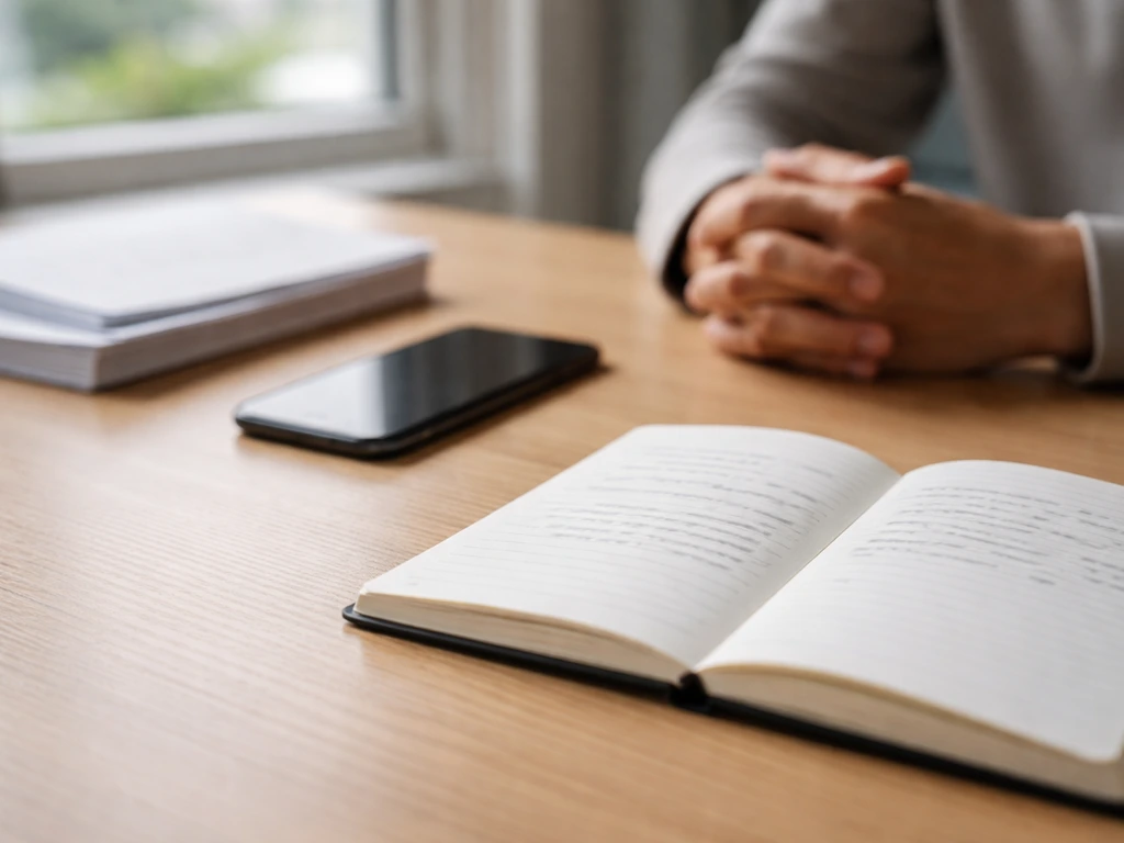 Minimal desk scene with a smartphone and documents showing differing estimates, symbolizing source comparisons