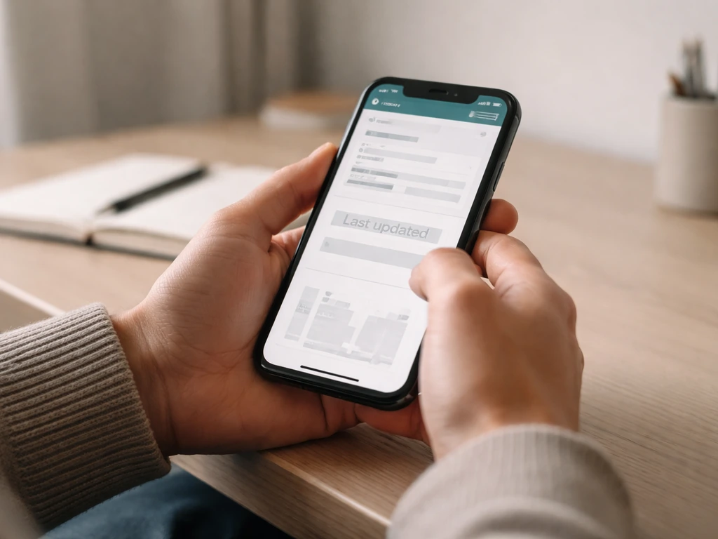 Hands holding a smartphone showing a generic page with a visible last-updated date field.