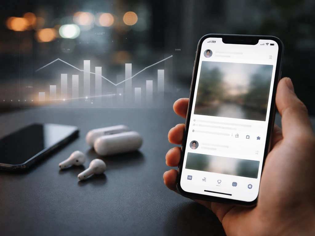 Close-up smartphone view with abstract social media glow and faint analytics-style overlay on a desk.