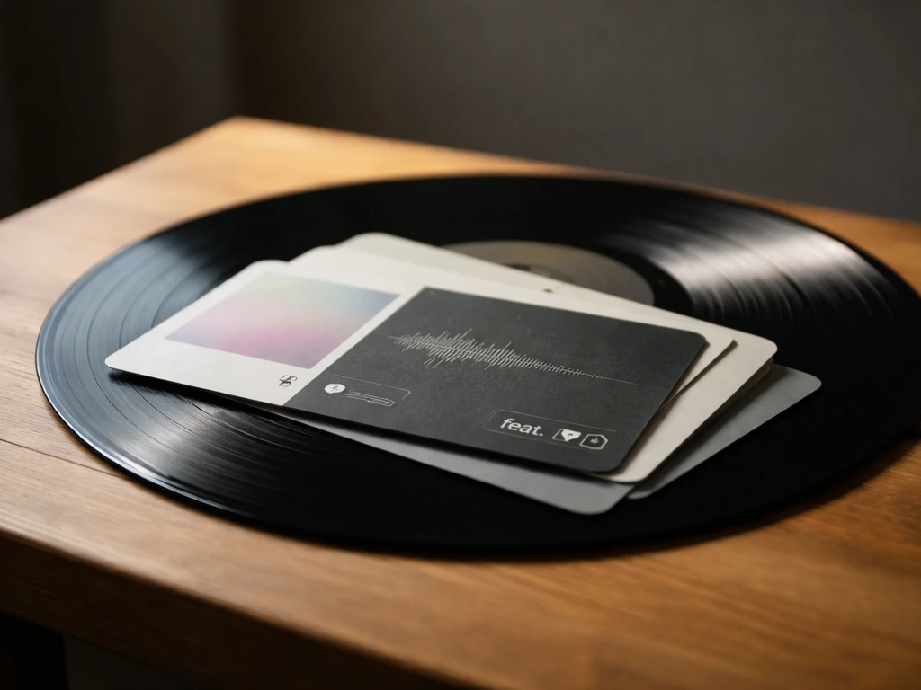 Close-up vinyl record with minimal generic streaming music cards featuring a “feat.”-style icon layout.