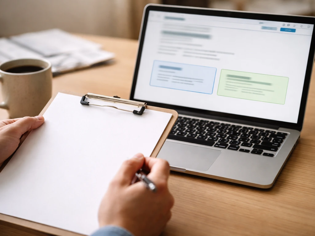 Close-up of hands holding a clipboard beside a laptop with a generic company record search screen.