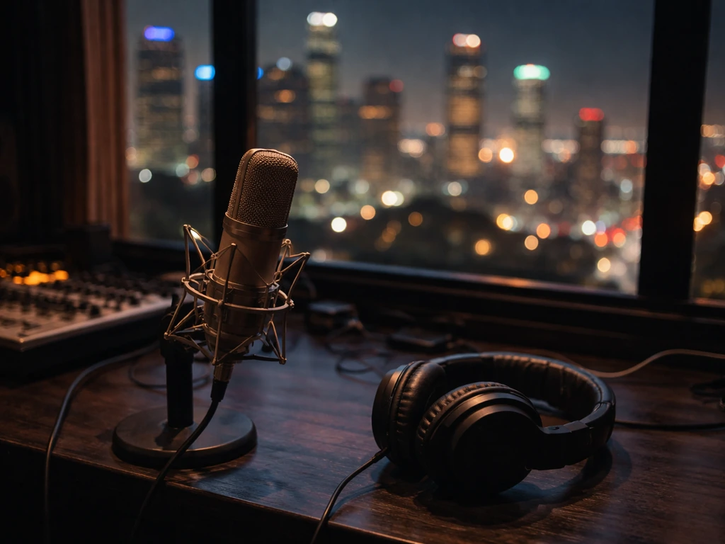 Minimal scene of a Los Angeles music industry vibe with a microphone and moody city lights