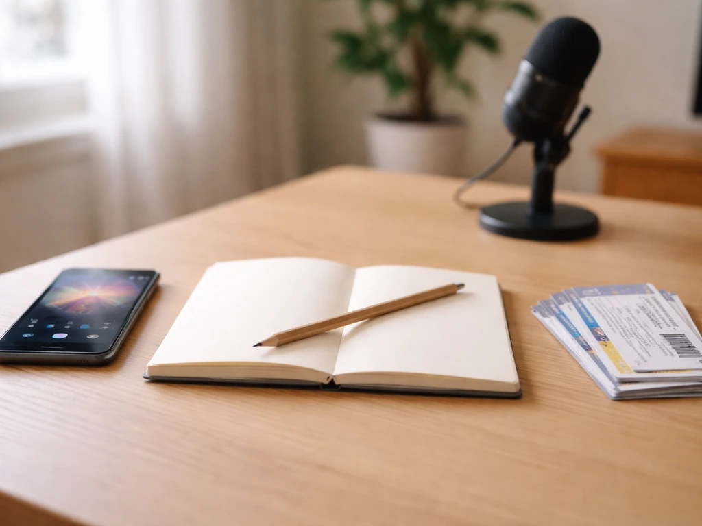 Minimal desk scene with smartphone, blank notebook, and concert ticket folder suggesting net worth calculation inputs.