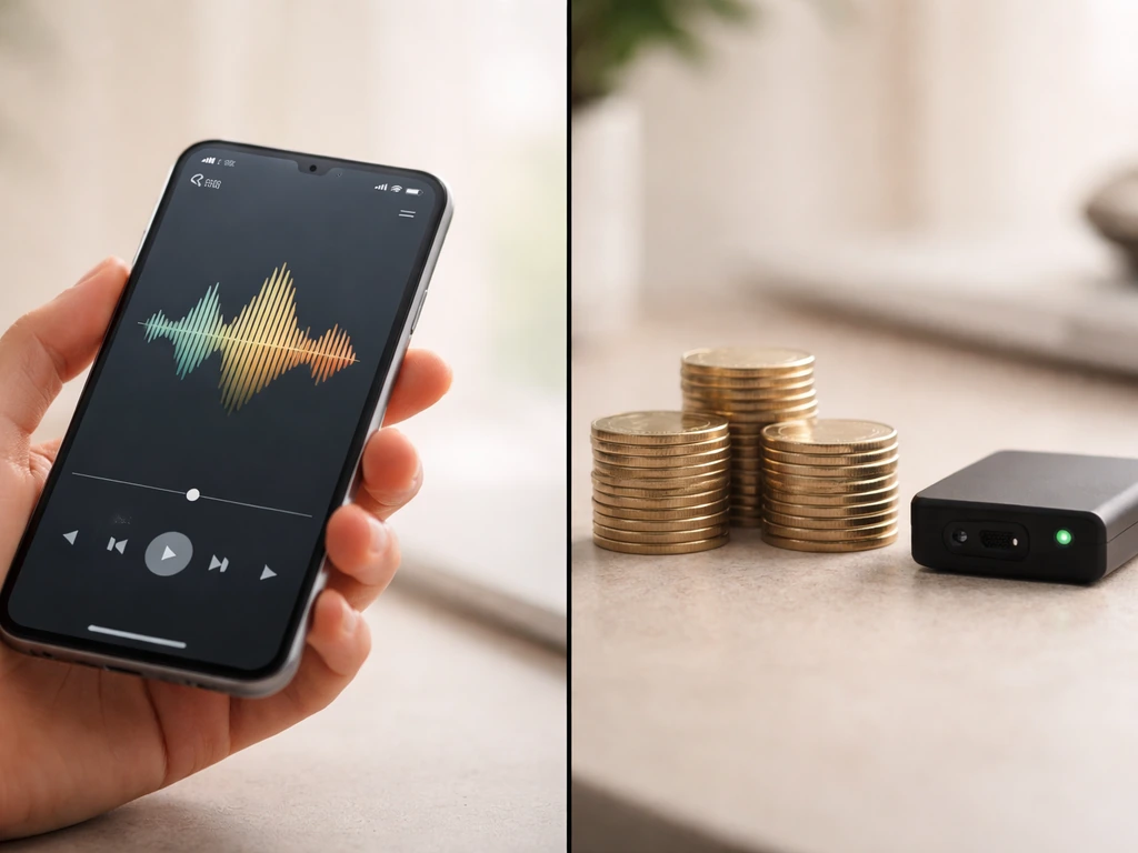 Split photo: smartphone with abstract music waveform on the left, coin stack by a small music device on the right.