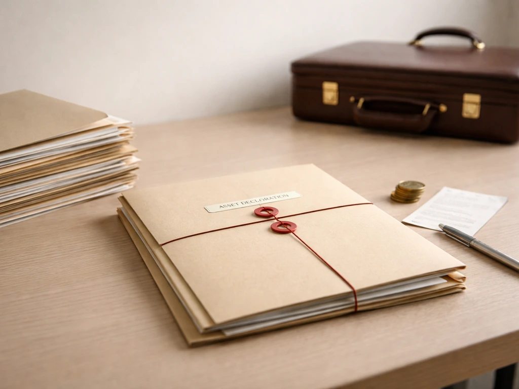 Minimal desk scene with scattered finance documents and a briefcase, symbolizing sources behind a net-worth claim