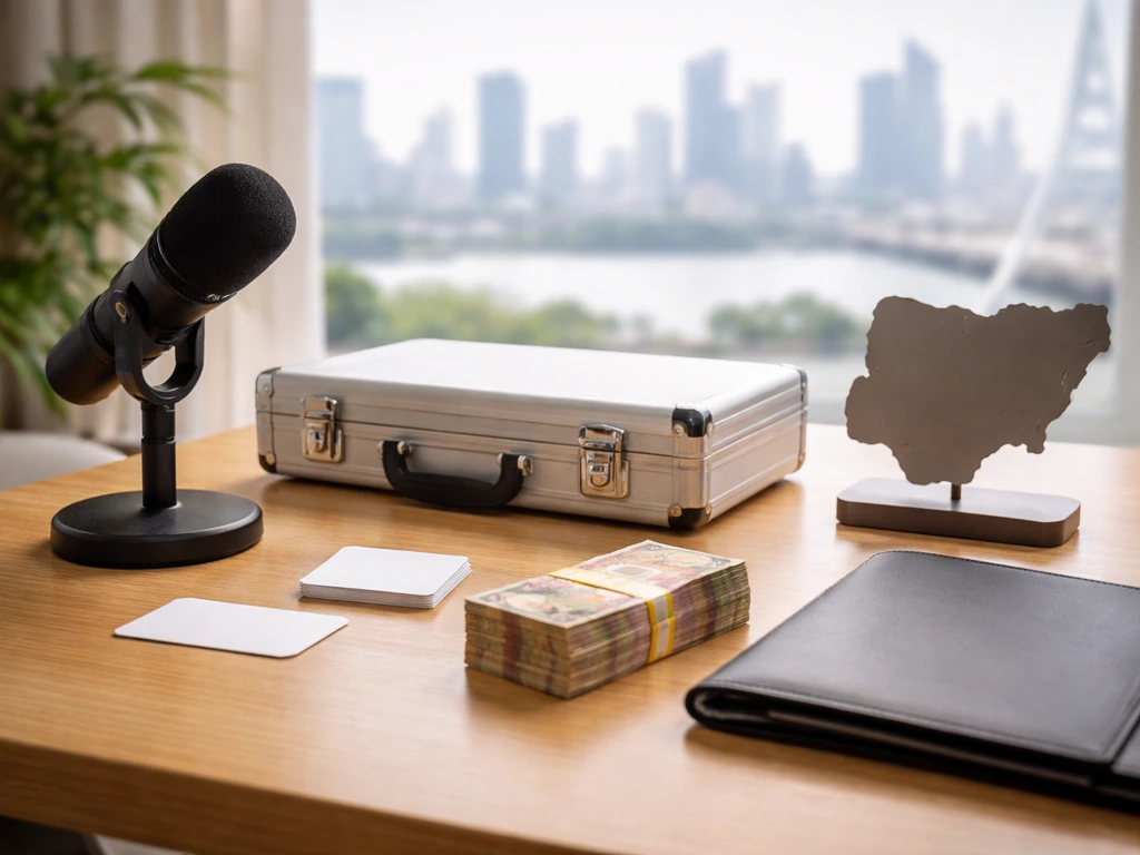 Minimal desk scene showing business, media, and finance themes with Nigeria cues, no person shown.