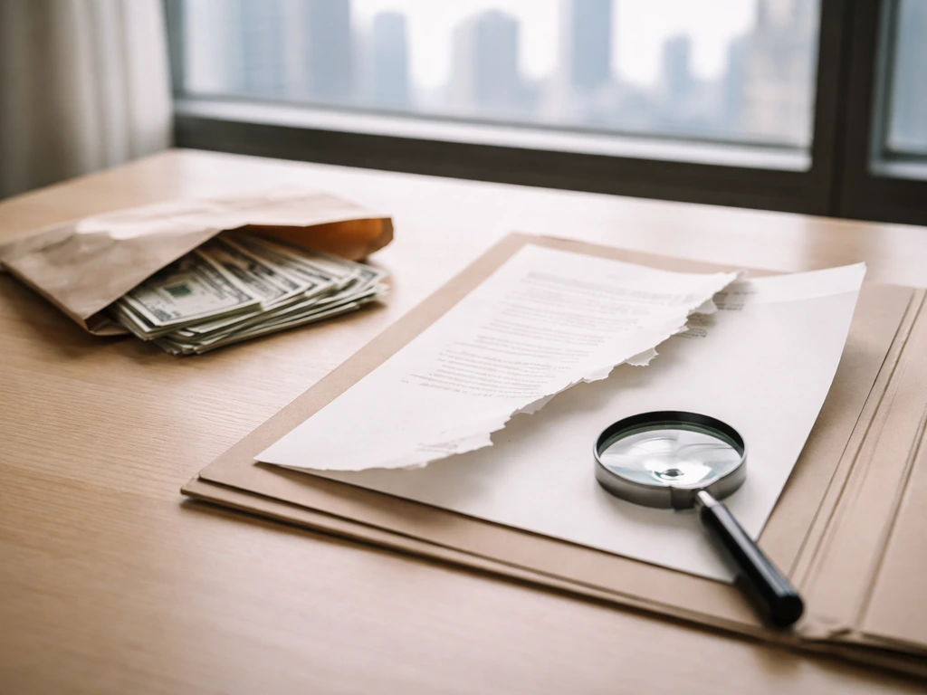 Close-up of scattered cash and a torn contract folder on a desk, suggesting disputed wealth claims and red flags.