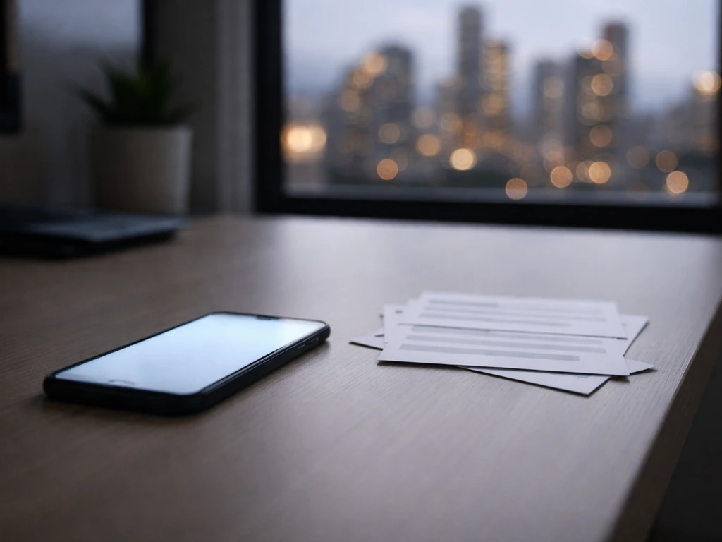 Blurred stack of paper source cards and a glowing smartphone on a minimal desk, symbolizing conflicting net-worth claims
