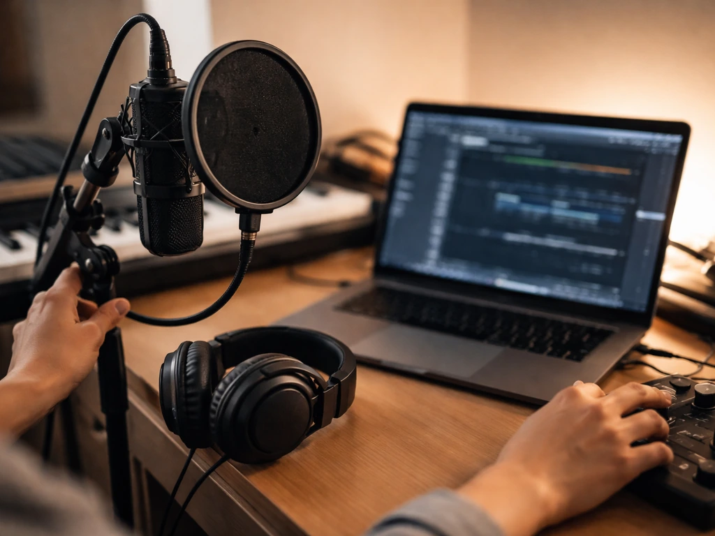Anonymous hands adjust a studio microphone next to headphones and a laptop showing blurred audio software.