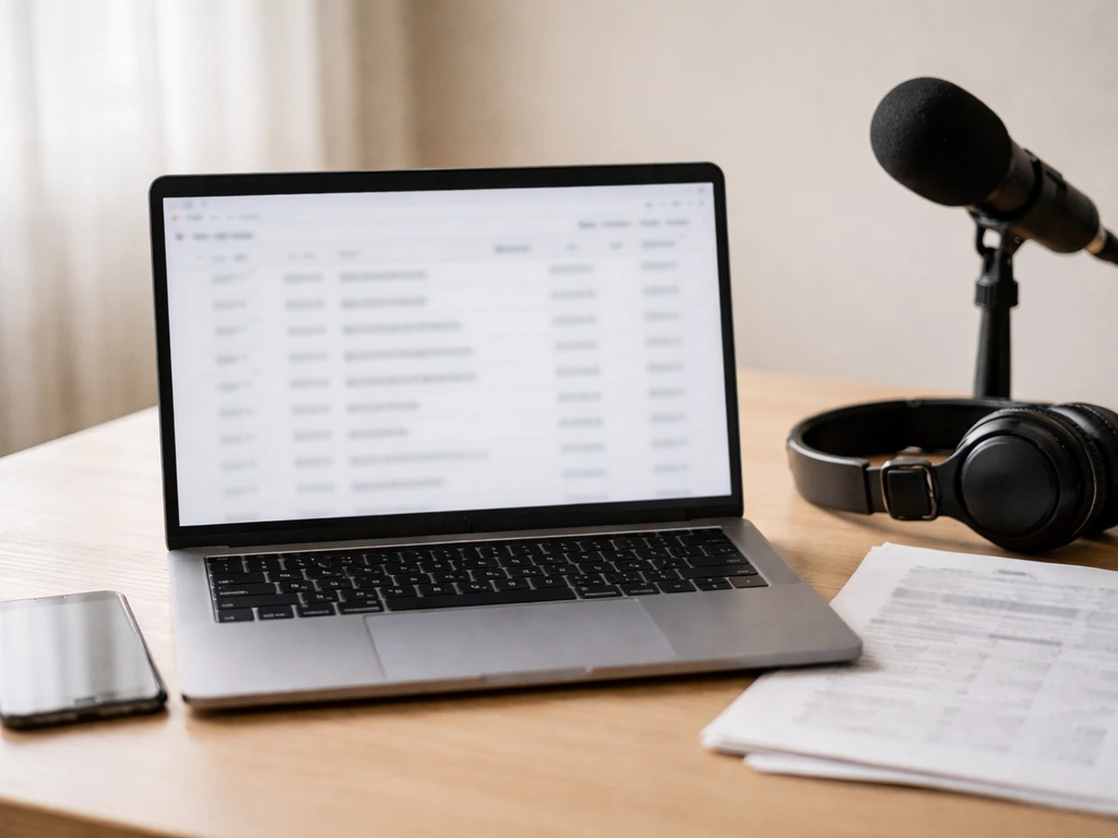 Desk with laptop showing a blurred registry-style page, plus documents and studio gear for royalty credit research.