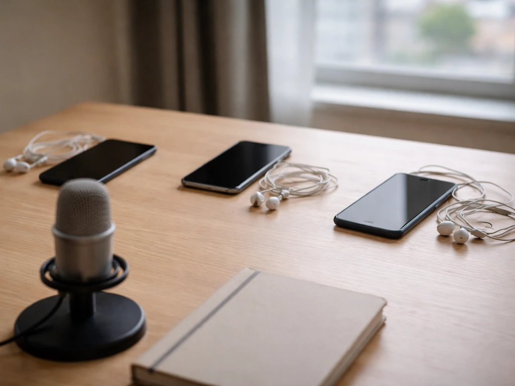 Minimal studio desk with anonymous phones, coiled earbuds, and a microphone suggesting multiple music acts.