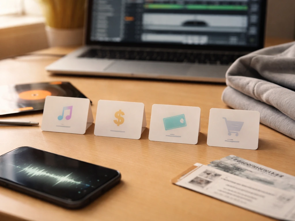 Minimal desk scene with music gear and symbolic items representing multiple indie income sources.
