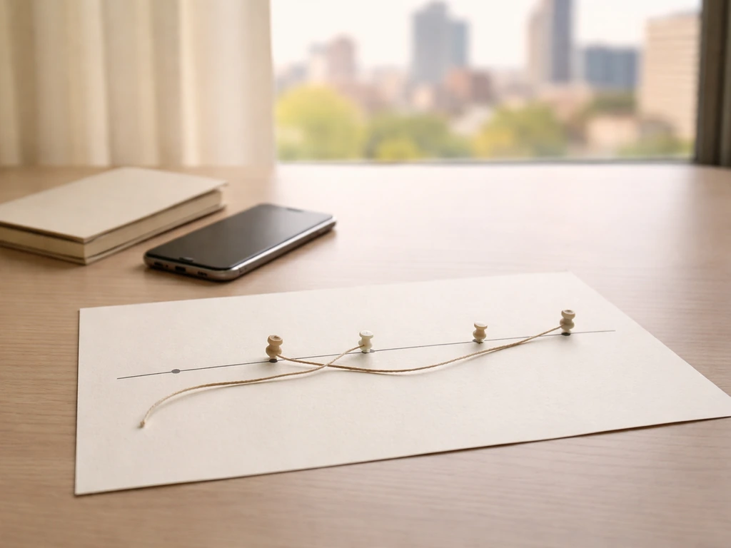 Minimal office desk with an anonymous calendar page and a subtle timeline string setup for a music collective history.