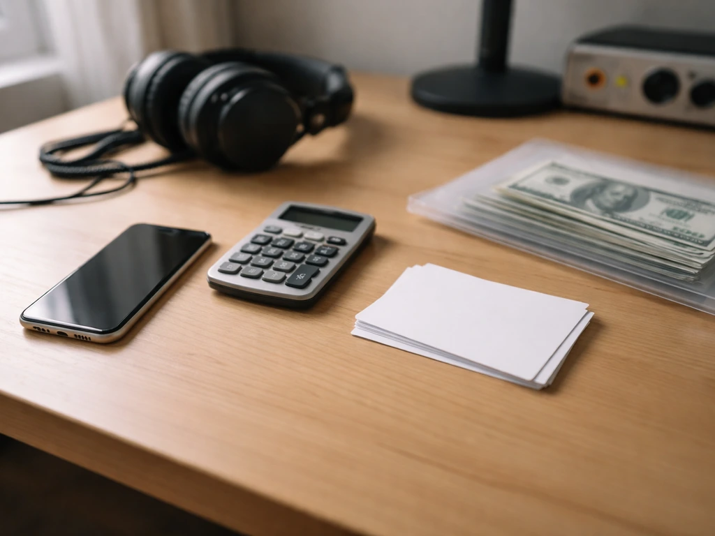 Minimal desk scene with calculator, smartphone, headphones, and cash suggesting streaming payout checks.